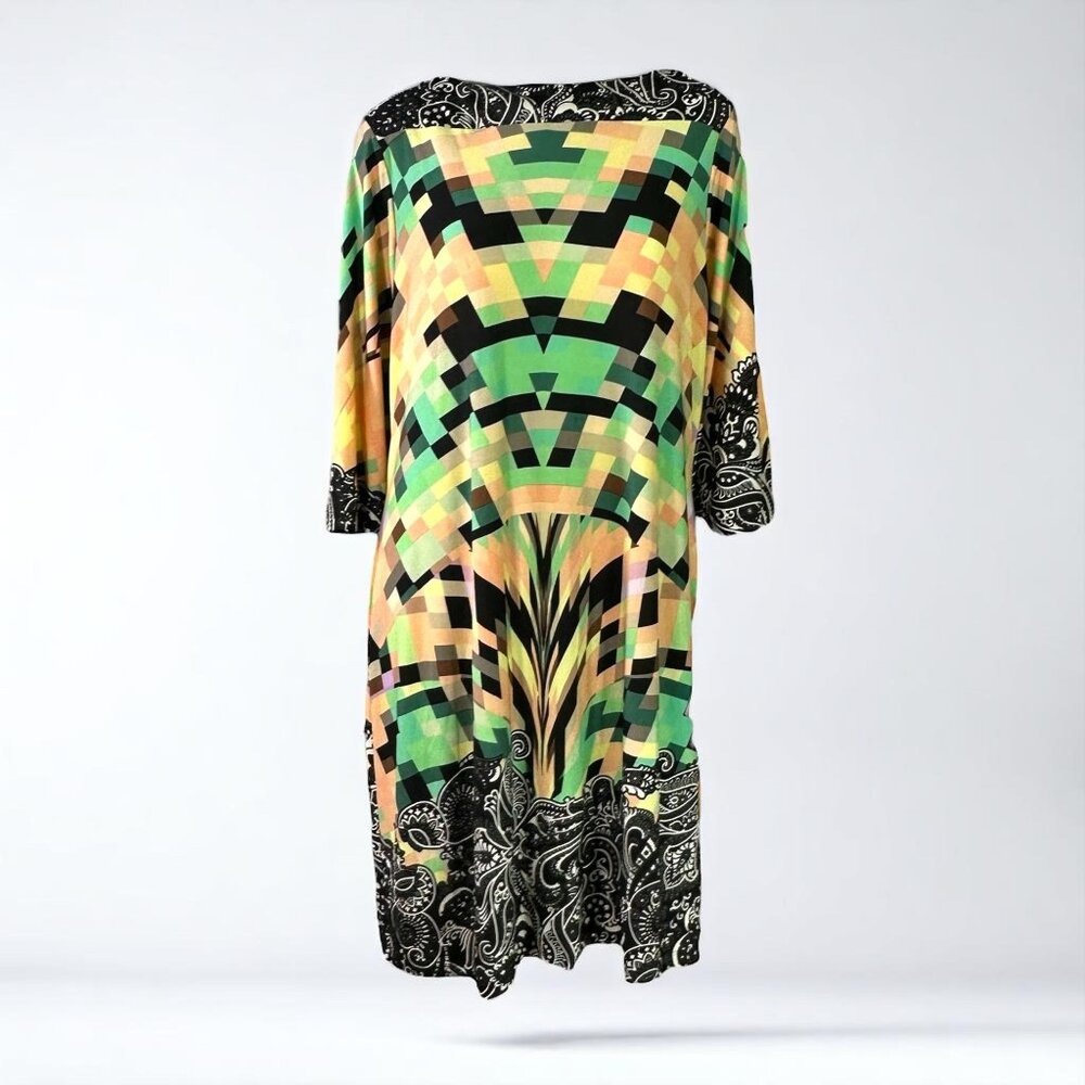 Eci New York 16W Black and Green Multicolor Geometric Print Shift Dress